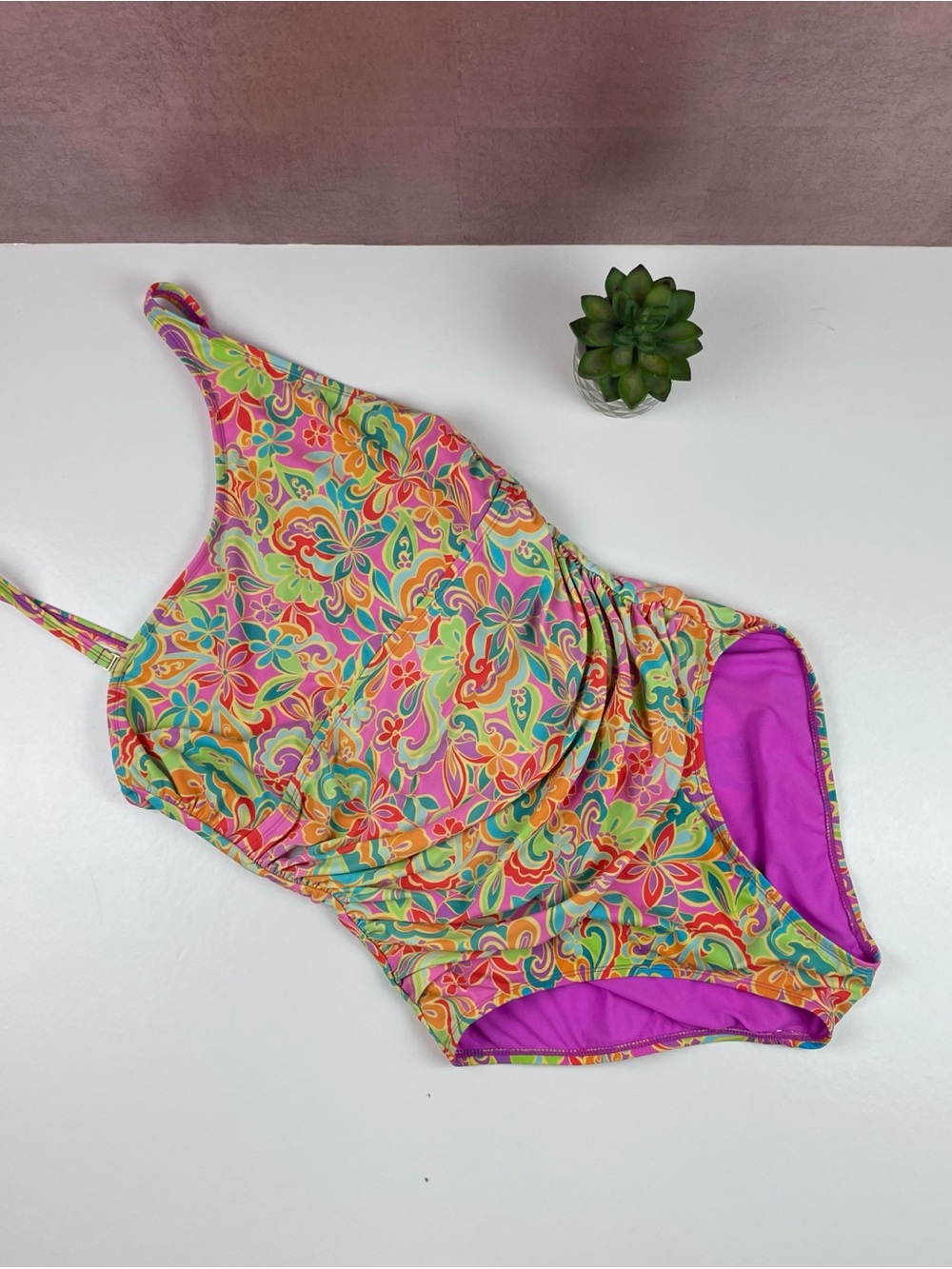 Ellen Tracy Pink Green Orange Floral Tropical One Piece Swim Suit Women Size 14